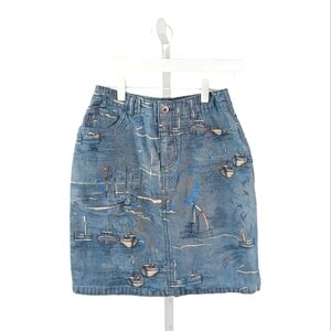 Liz Claiborne Sailboat Print Blue Denim Mini Skirt 2P Cotton Pockets High Rise